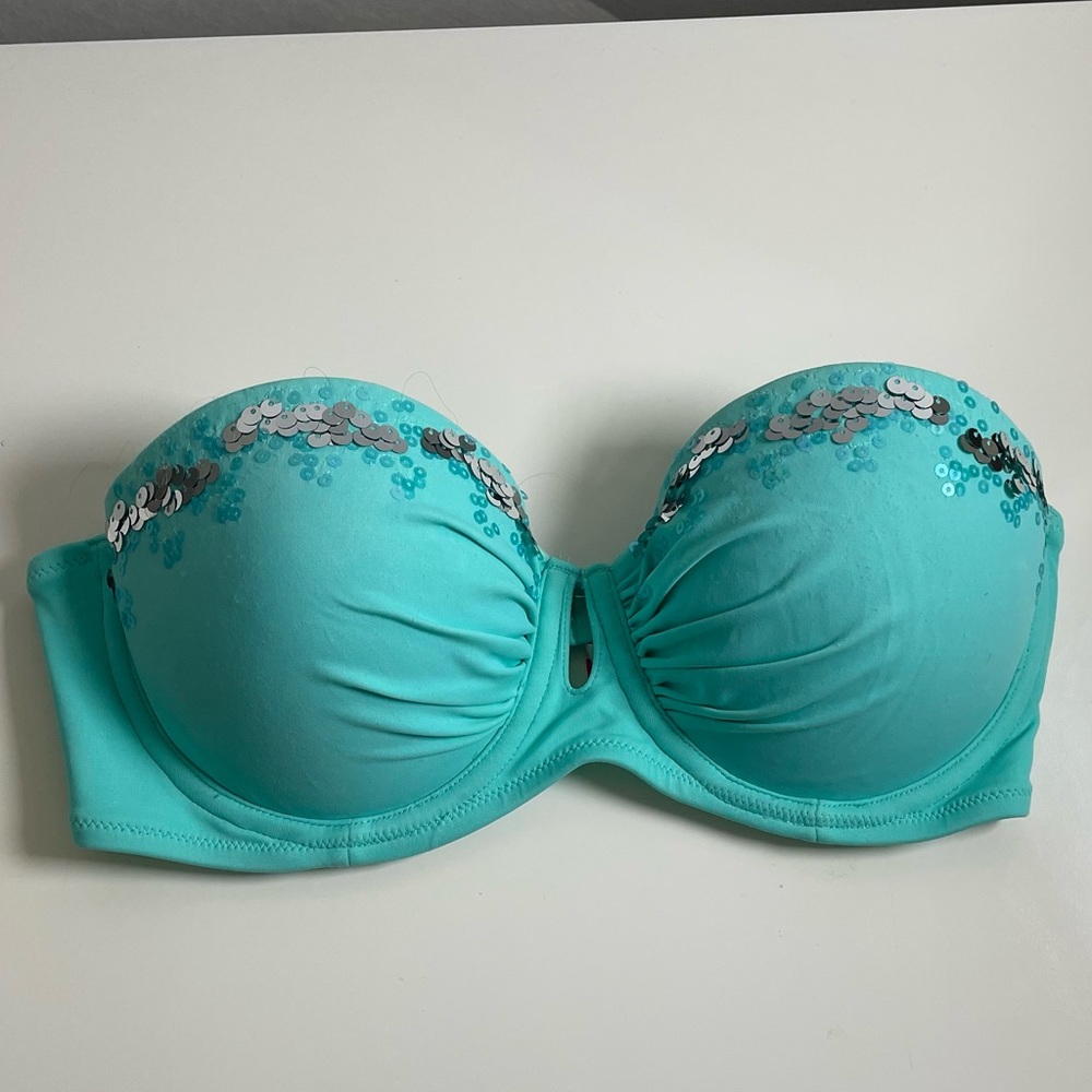 Victoria’s Secret strapless bikini top. Aqua blue with silver & aqua sequins 34C